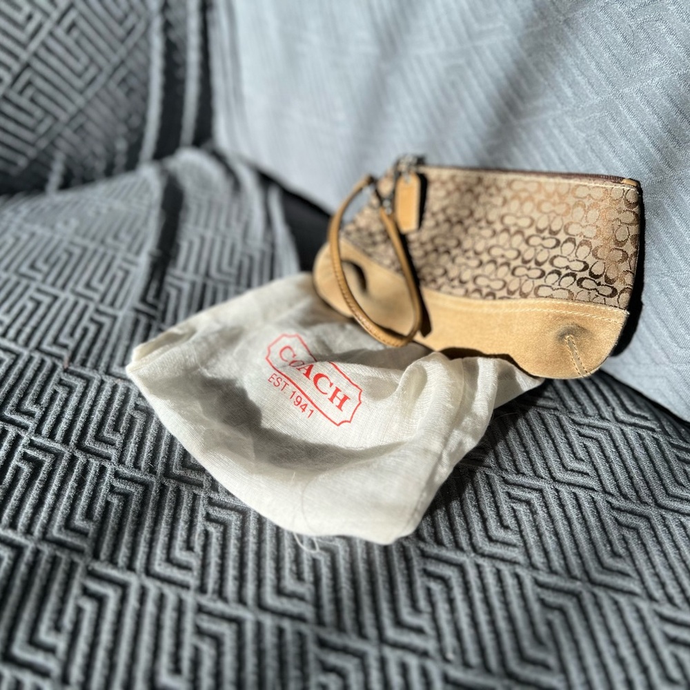 Coach Signature Tan and Brown Wristlet